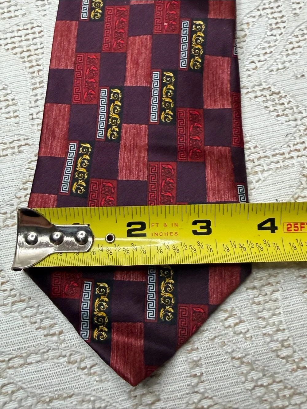 Versace Men's Burgundy and Black Checkerboard Silk Tie with Gold Accents vintage